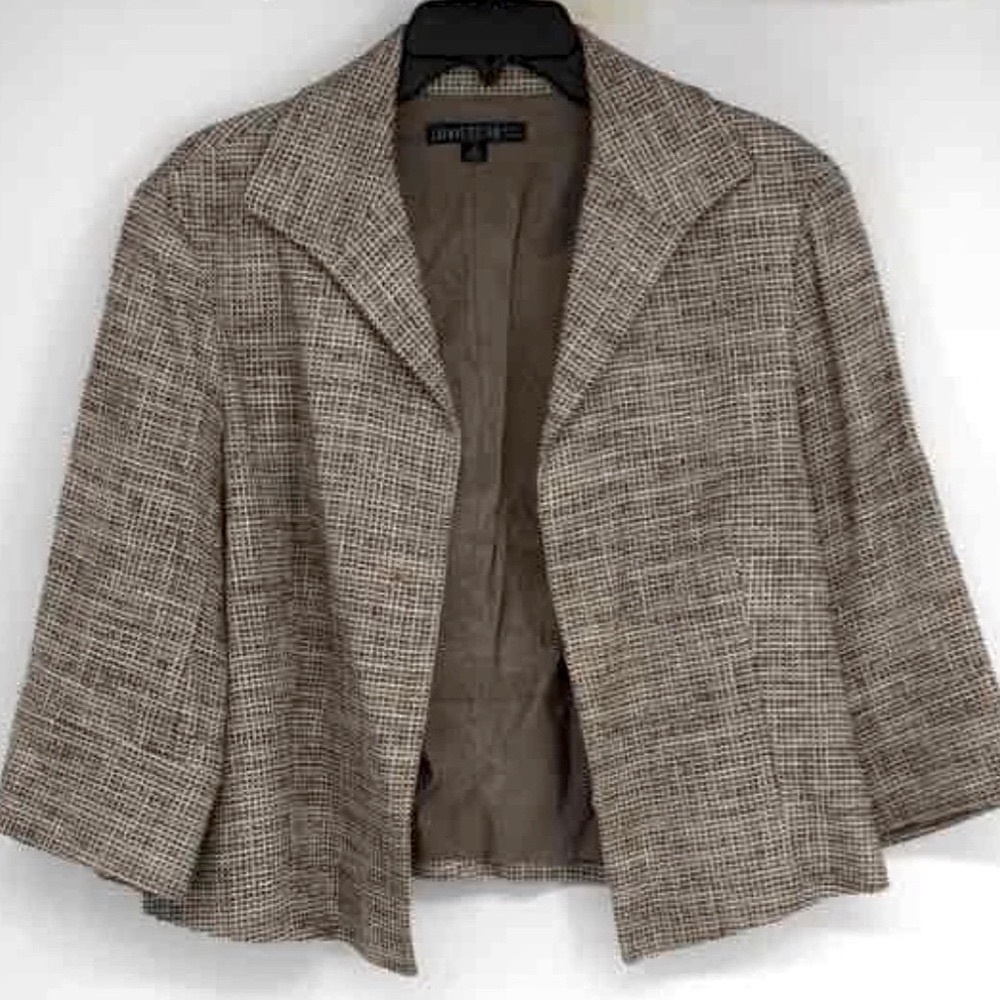 [Lafayette 148] Brown Taupe 3/4 Sleeve Open Front Tweed Blazer Jacket Women's 12 - Picture 2 of 7